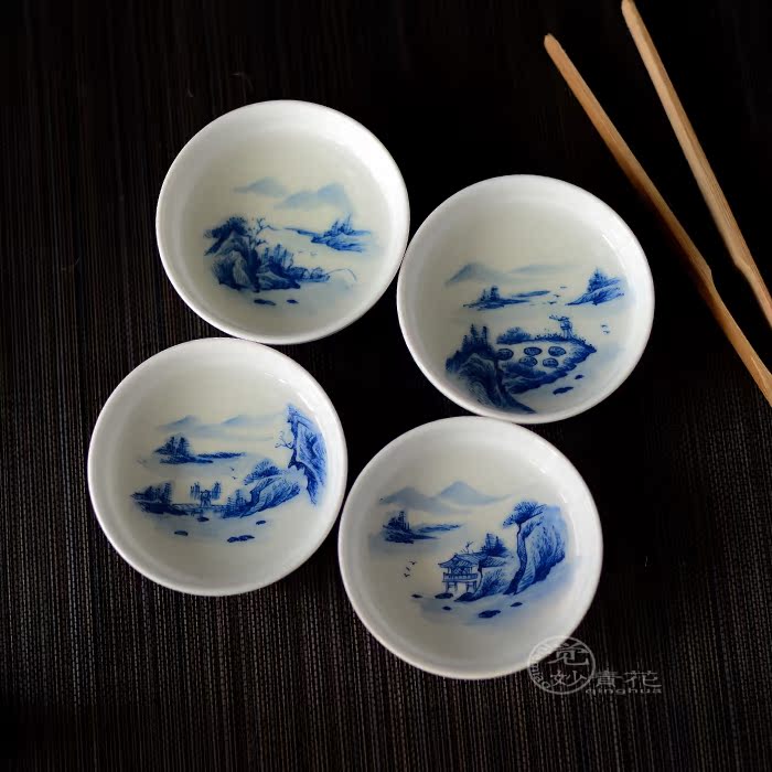 景德镇手绘 青花瓷釉下彩 功夫茶套杯 渔樵耕读 品茗杯 茶杯 口杯