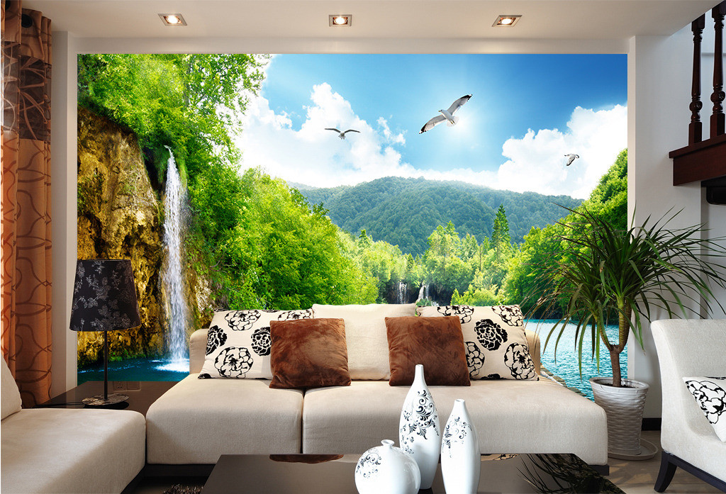 绿色自然风景山水瀑布电视背景墙壁纸壁画流水生财客厅沙发3d墙纸