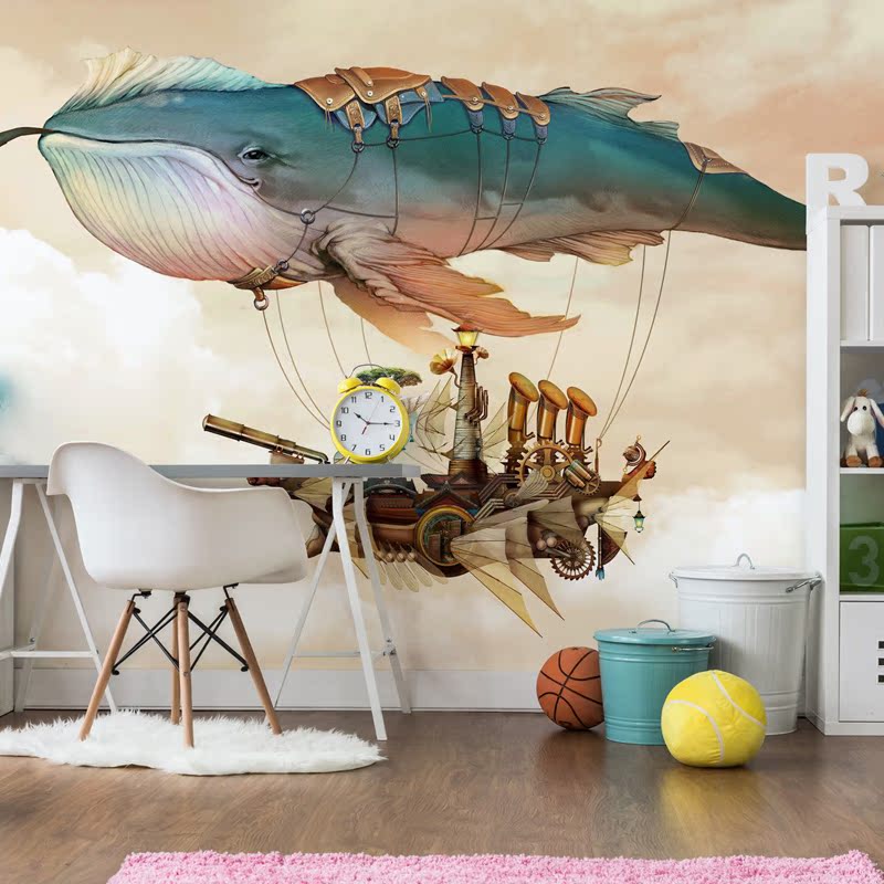 无缝3d壁画卡通天空之城鲸鱼城堡 卧室背景墙纸儿童房壁纸环保