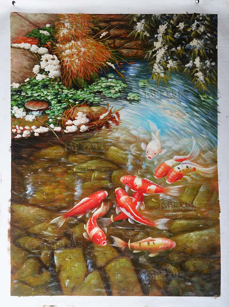 纯手工手绘油画九鲤鱼图装饰画美式欧式别墅壁炉客厅玄关走廊挂画