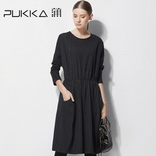 Pukka/蒲牌秋冬新款原创设计大码女装条纹圆领棉质长袖连衣裙图片
