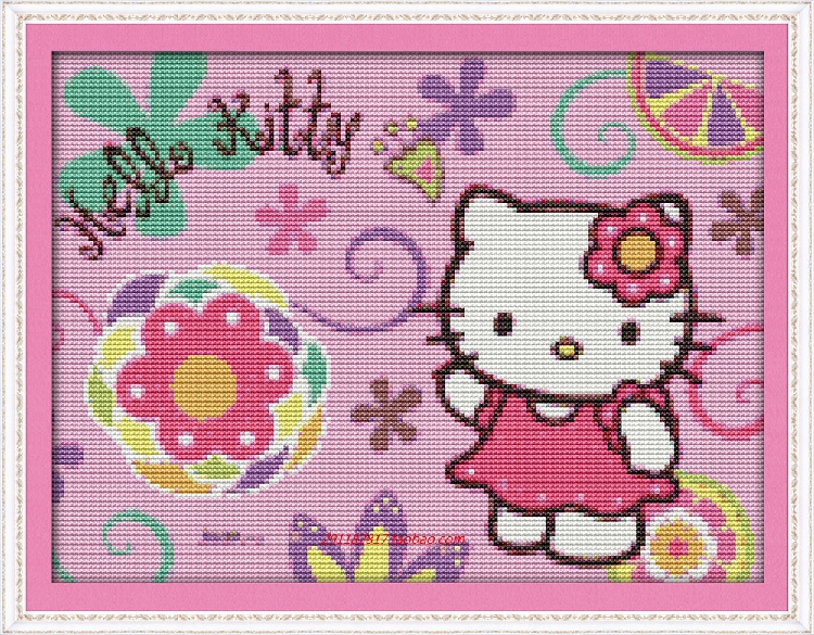 新款学生简单手工课刺绣精准印花十字绣hellokitty猫儿童卧室挂画
