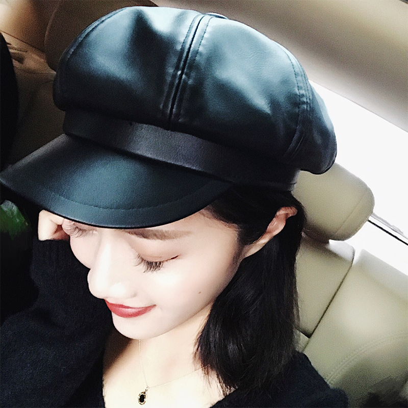 左边2017新款秋冬毛呢英伦复古潮帽 保暖百搭pu八角帽帽子女