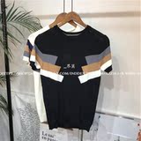 春夏新款 男士修身几何图形提花针织薄款T恤衫 半袖针织薄款毛衣