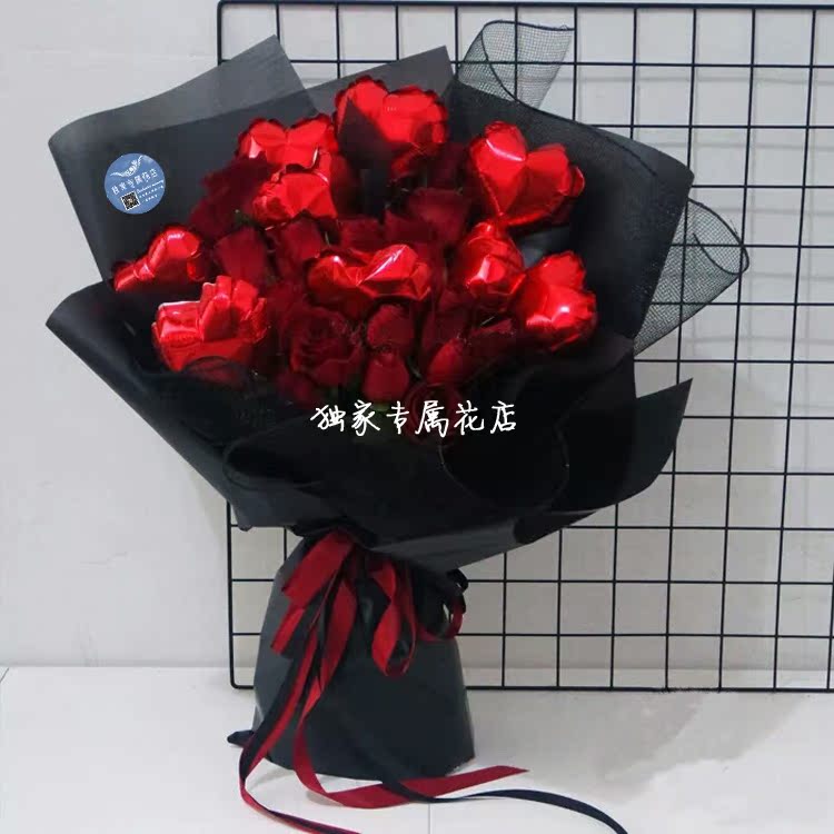 玫瑰鲜花加告白气球创意表白花束结婚求婚纪念日情人节花礼揭阳店