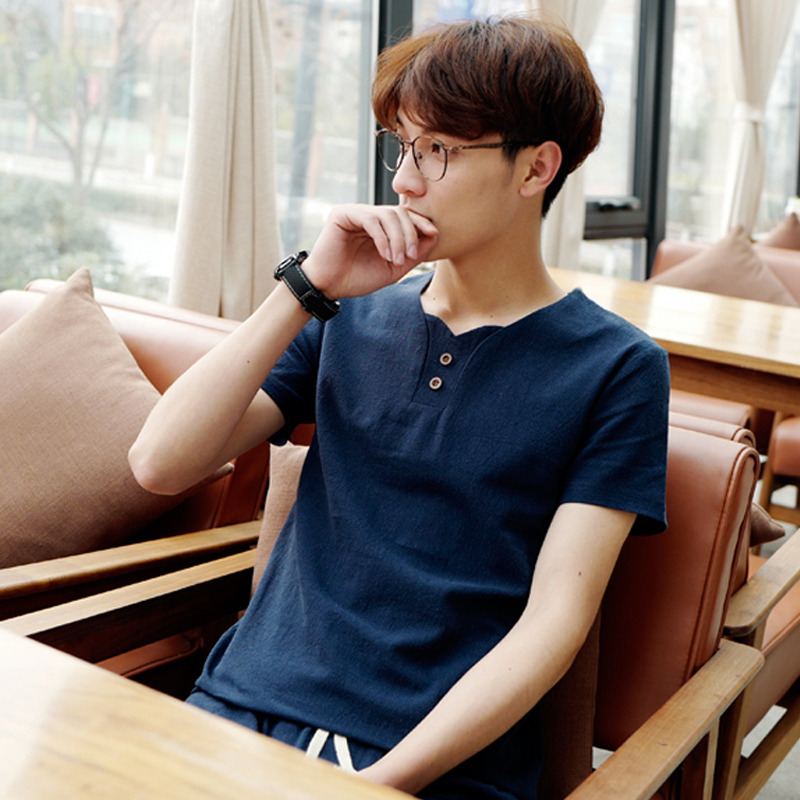 夏季男装宽松短袖棉麻t恤大码潮韩版V领薄款亚