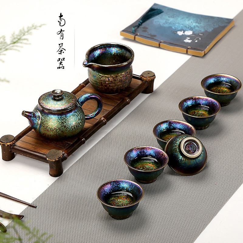 建盏窑变天目七彩孔雀釉茶具陶瓷茶具整套一壶六杯窑变建盏带礼盒