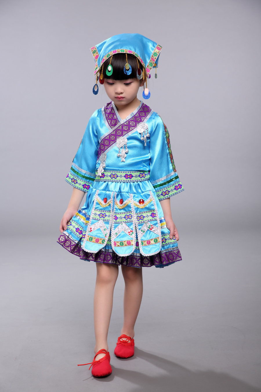 儿童壮族舞蹈服佤族彝族服装少数民族演出服装女童苗族舞台表演服