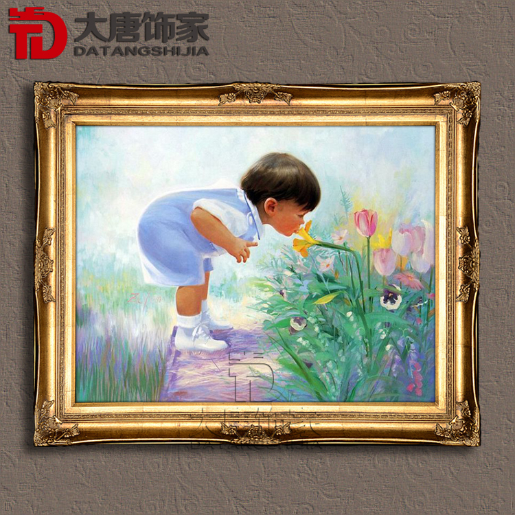 高档纯手绘油画儿童房卧室装饰画金色童年欧式印像人物油画tn17