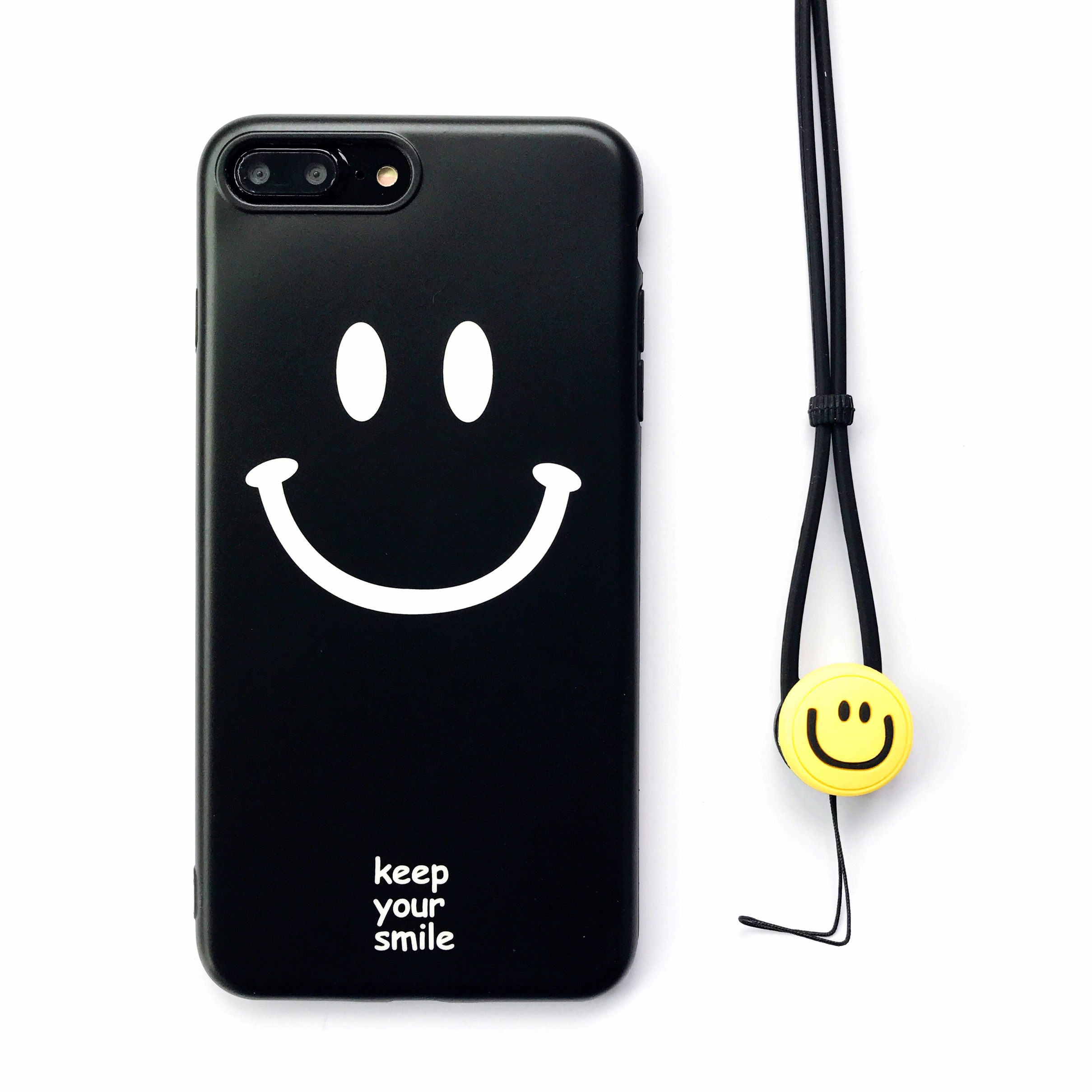 韩风情侣黑色笑脸苹果6s/7手机壳黄色iphone6p/7plus创意挂绳软壳