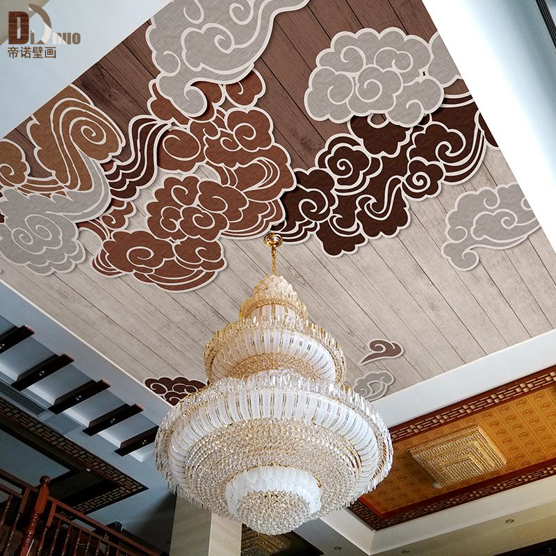 中式天花板吊顶壁纸客厅卧室花纹屋顶木纹装饰壁画3d立体楼顶壁纸