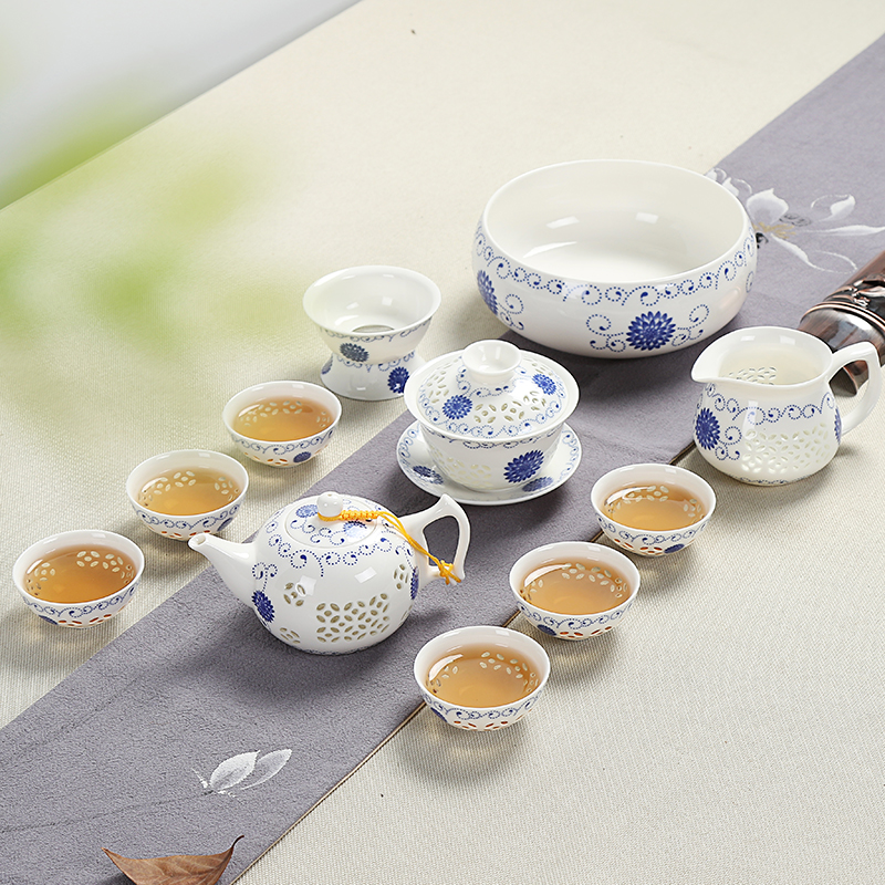包邮 景德镇青花瓷玲珑茶具套装蜂窝镂空陶瓷功夫茶具茶壶茶杯海
