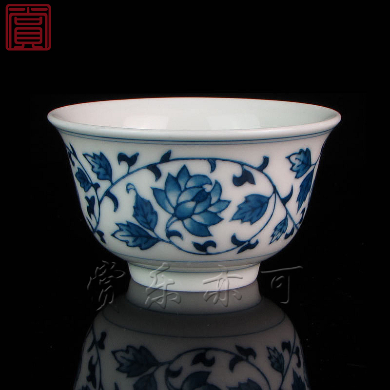 京德茶器贵和祥手绘青花缠枝莲小杯 功夫茶具品茗杯手写款老工艺