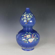 仿古 古董瓷器 古玩收藏 大明宣德年制雪花蓝釉刻狮子细球葫芦瓶