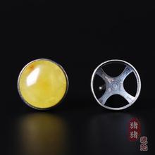 猪猪琥珀*925银泰银做旧简约气质圆形袖扣衬衫扣 琥珀蜜蜡松石diy