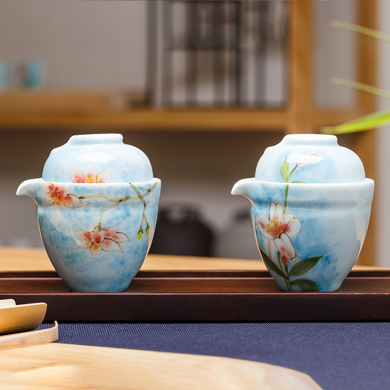 龙泉青瓷景德镇手绘茶具套装快客杯一壶一杯两杯旅行便携功夫茶具