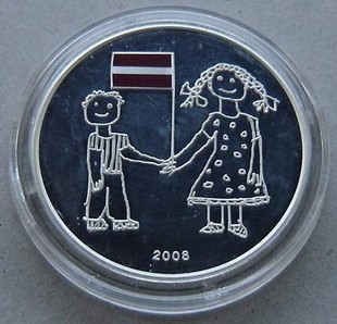 拉脱维亚2008年国家独立建国90周年儿童画精制双面彩色纪念银币
