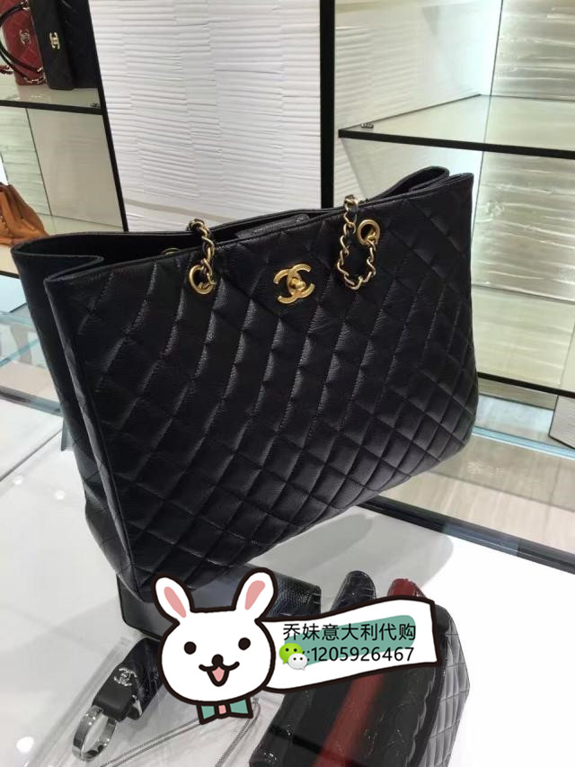 法国免税直邮正品 chanel香奈儿 新款黑金牛皮菱格大号手提包