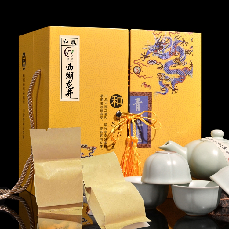 和风节日送礼礼盒 西湖龙井茶叶春茶杭州绿茶好茶240g 配送茶具