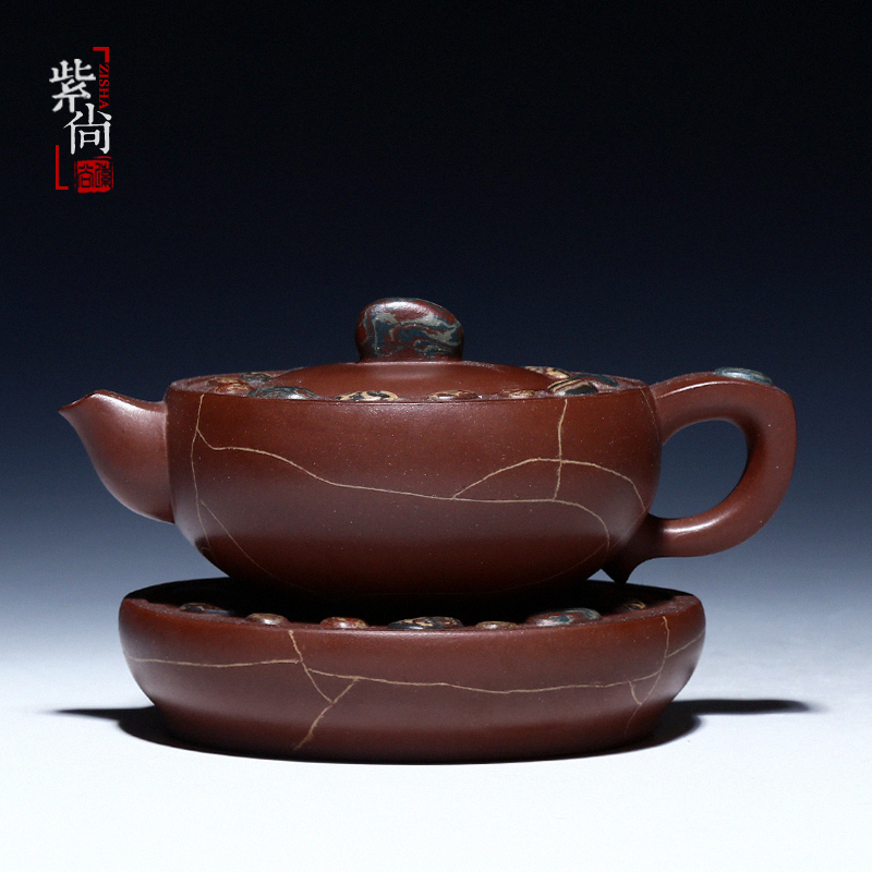 【紫尚】宜兴紫砂壶花器茶壶带底座 高俊杰雨花石绞泥清泉石上流