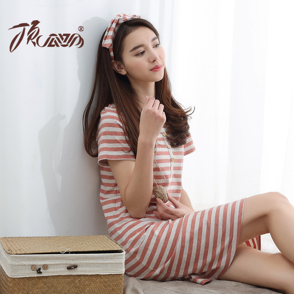 正品睡裙 睡裙女夏<em>纯棉</em>性感短袖 中裙<em>女士</em>圆领