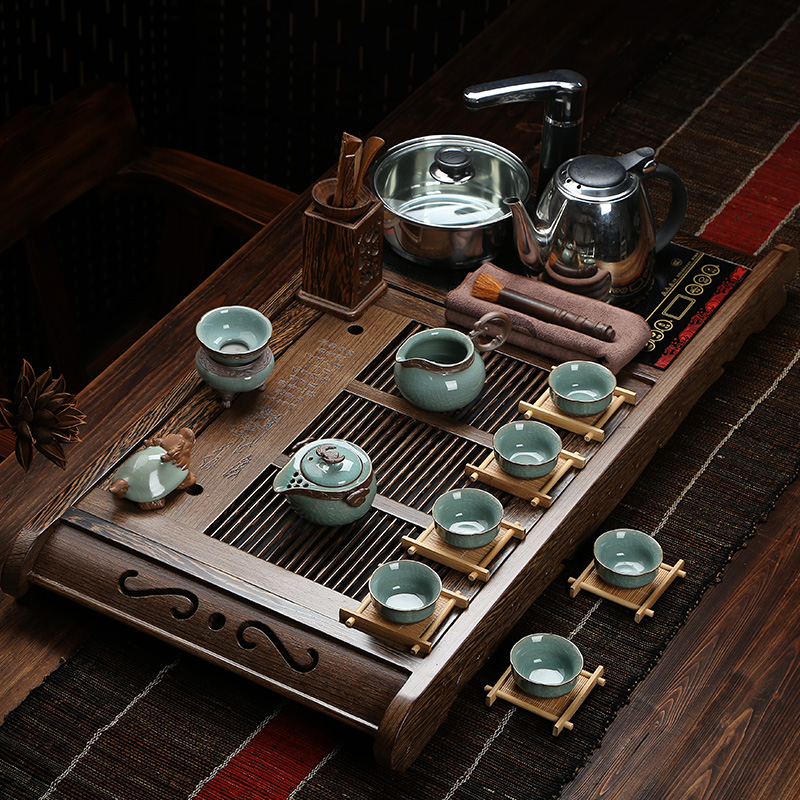 靳泓鸡翅木茶具套装特价哥窑整套青花瓷功夫茶具茶盘带电磁炉实木