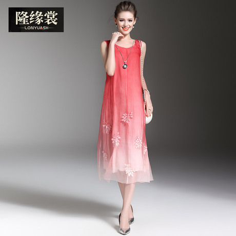 隆缘裳春装2017新款女时尚ol通勤夏季无袖宽松绣花真丝连衣裙2929商品大图