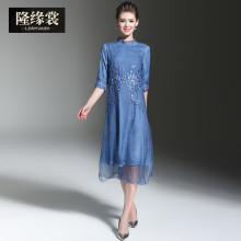 隆缘裳春装2017新款百搭五分袖纯色宽松大摆型真丝连衣裙女夏2955图片