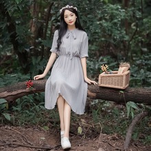 2016夏季新款 蝴蝶结中裙高腰连衣裙 唯美五分袖 小个子女装 XS码