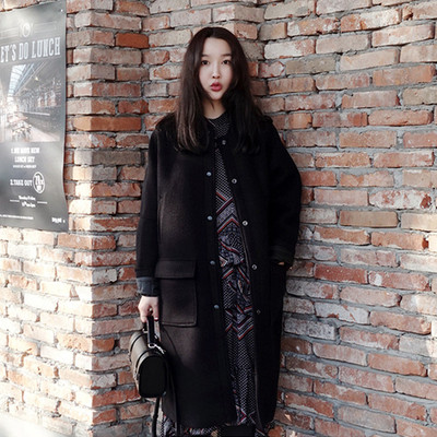 韩国代购立领棒球服中长款羊毛呢大衣宽松茧型