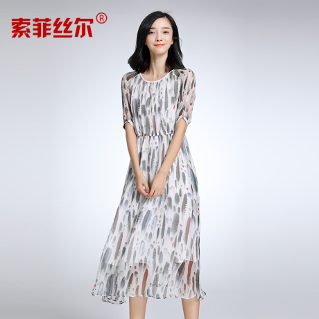 索菲丝尔真丝连衣裙女2017夏新款桑蚕丝高端圆领收腰显瘦优雅长裙商品大图