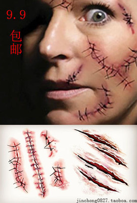 仿真恶作剧假伤口纹身贴纸缝针伤疤万圣节特效化妆防水男女纹身贴