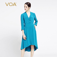 VOA 34姆米古蓝V领长袖细带高腰和服式重磅真丝连衣裙图片