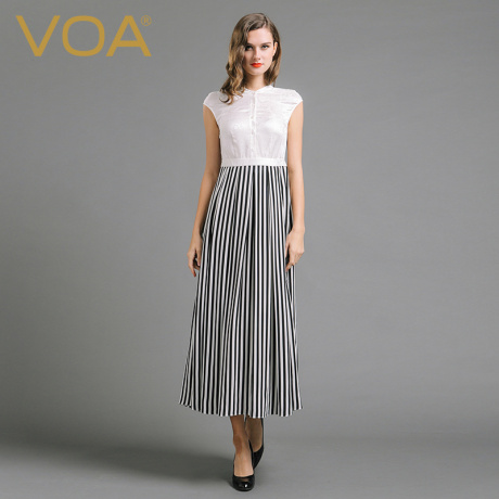 VOA 中式黑白条纹立领盖袖高腰修长提花真丝双绉拼接连衣裙商品大图