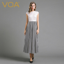 VOA 中式黑白条纹立领盖袖高腰修长提花真丝双绉拼接连衣裙图片
