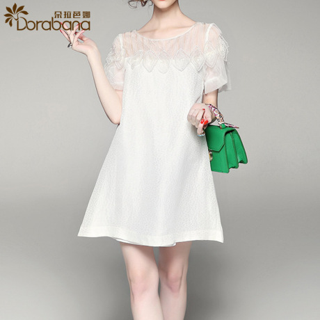 朵拉芭娜2017夏季新款女装时尚真丝连衣裙气质名媛花瓣刺绣A字裙商品大图