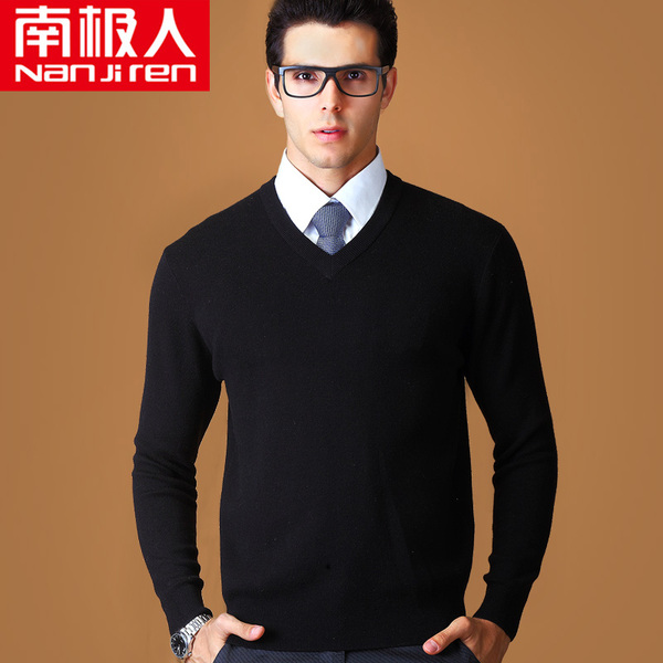 正品<em>男毛衣</em> 南极人<em>秋冬</em>100%羊毛衫 V领中年针