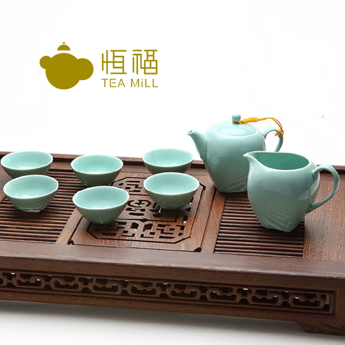 恒福越窑龙泉青瓷茶具景德镇陶瓷功夫茶具整套套装天地方圆茶组