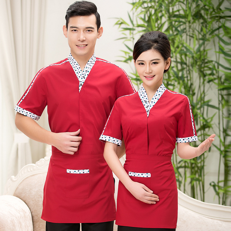 酒店工作服春秋装女服务员长袖饭店制服餐厅工作服短袖夏装送围裙