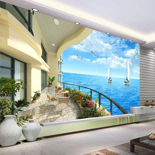 爱家高清地中海海景风景3d立体电视背景墙纸卧室客厅无缝壁画壁纸