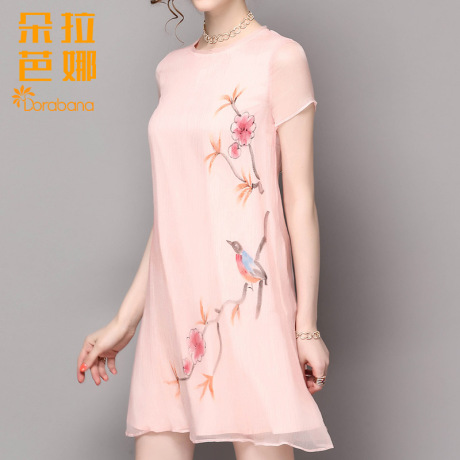 朵拉芭娜2017夏季新款女宽松真丝连衣裙气质优雅短袖圆领手绘短裙商品大图
