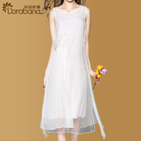 朵拉芭娜2017夏装新款真丝绣花大摆裙纯色无袖圆领宽松百搭连衣裙商品大图