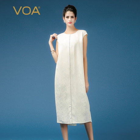 VOA38姆米茉莉花白拱针包袖极简重磅真丝知性淑女连衣裙A7366商品大图