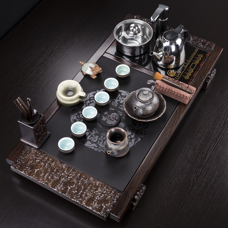 高档乌金石黑檀木茶具套装四合一整套茶盘实木电磁炉功夫茶具陶瓷