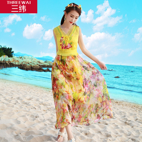 三纬2019夏新款波西米亚真丝连衣裙女装度假印花修身桑蚕丝长裙商品大图