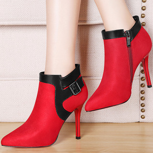 冬季 欧美时尚高跟鞋红色黑色短靴尖头细跟磨
