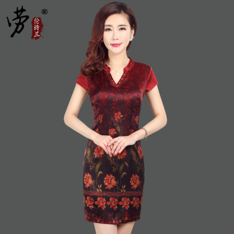 2017夏季新款女装真丝连衣裙修身重磅桑蚕丝绸缎中老年妈妈装中裙商品大图