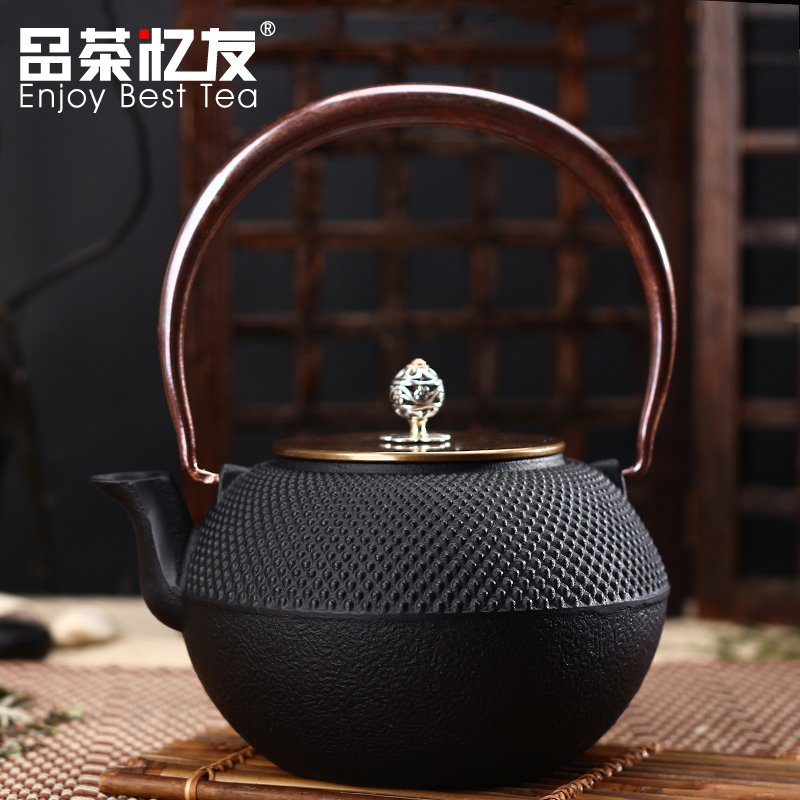 品茶忆友 铜盖粒子铸铁壶 日本无涂层纯手工老茶壶生铁煮烧水茶具