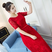 红色修身 包肩晚礼服女 新娘结婚婚纱礼服中袖 中长款 敬酒服2017新款