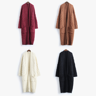 <em>韩版</em> 麻花<em>毛衣</em>外套<em>开衫</em>针织<em>超长款</em>宽松大码加